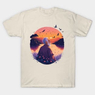 Old Man in a River with a Sunset T-Shirt